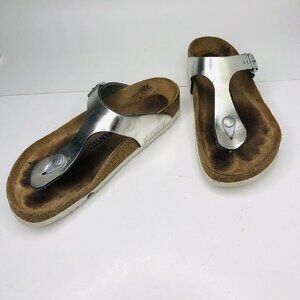 Birkenstock Womens Metallic Silver Thong Sandals 7.5 Festival Summer leather